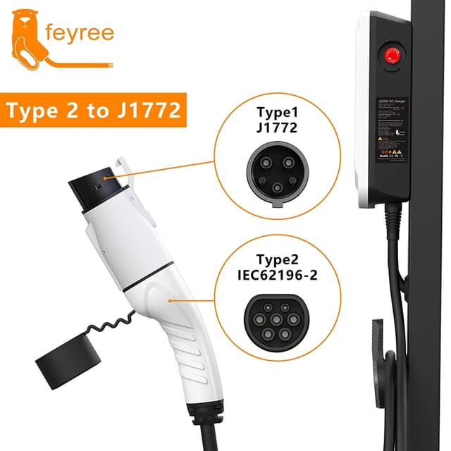Adaptador de carga Feyree Tipo 2 a Tipo 1 para auto eléctrico, 32A