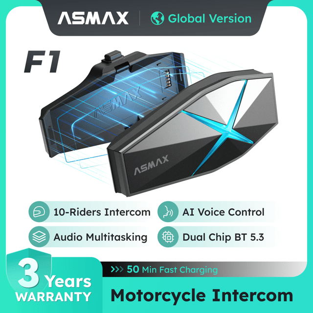 Intercomunicador para casco de moto ASMAX F1, Bluetooth 5.3, grupo de 10 y comando de voz