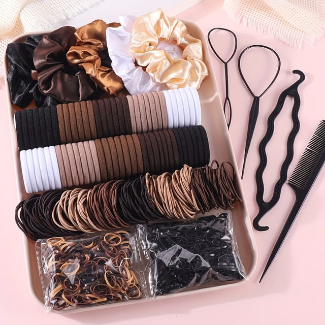 Set 1109 coleteros y ligas para el cabello oscuro, gomas sin costura para mujer