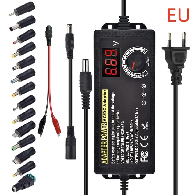 Fuente de alimentación regulable de 3V a 24V con pantalla y pinzas cocodrilo