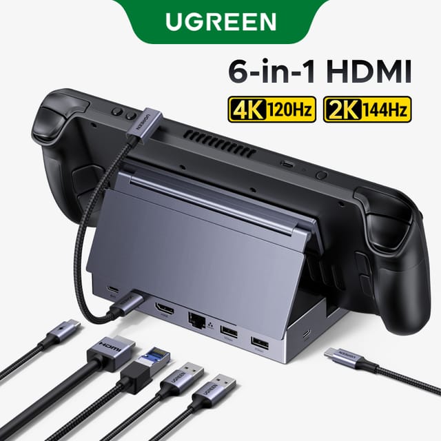 UGREEN Hub USB-C 6 en 1 con soporte, HDMI 4K 120 Hz, PD 100W y Ethernet